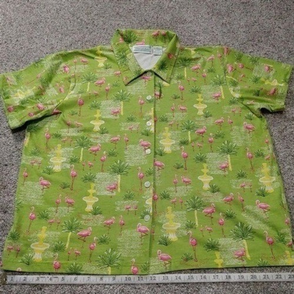 VTG Shenanigans Womens button up‎ XL Flamingo Palm short sleeve polo Golf Pickle